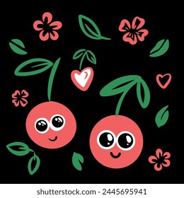 Smiling cherry berries cute kids design print isolated on black