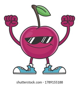 smiling cherry cartoon with sunglasses character isolated on white