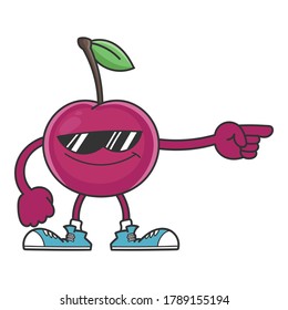 smiling cherry cartoon with sunglasses character isolated on white