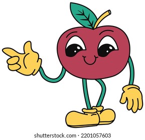 Carácter cereza sonriente, personalidad aislada con hoja como peinado, manos y piernas. Personajes cortos sonriendo y señalando, pegatinas para la comunicación en la web. Expresando emociones. Vector de estilo plano