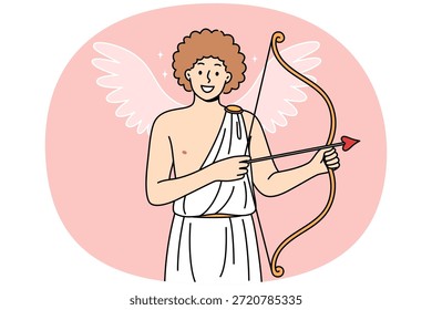 Smiling cherub with cupid bow and arrow, congratulates on valentine day and calls for love or romance. Happy cherub looking at camera, enjoying pimping lonely people in need of relationship