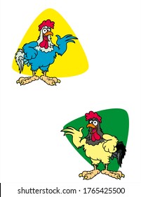 Smiling Chickens with big legs make welcome hand gesture. Blue, red, yellow and green red and yellow versions