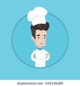 smiling chief cooker in uniform and hat standing with arms crossed. Young caucasian chef cooker. Confident male chief cooker. Vector flat design illustration in the circle isolated on background.