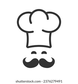 Smiling chief with moustache in uniform. Cooking at kitchen symbol. Catering, restaurant logo, tasty food. Outline, flat and colored style icon for web design. Vector illustration.