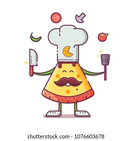 Smiling chief-cooker pizza man in chef hat with mustache juggling ingredients. Italian pizza cooking and making concept mascot for logo in flat design.