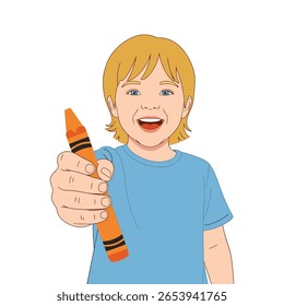 Criança sorridente, cabelo loiro, camisa azul, segurando um giz de cera laranja. Ilustração, estilo de desenho animado. Positivo, alegre, convidativo. Conceito para criatividade, educação, arte, infância.