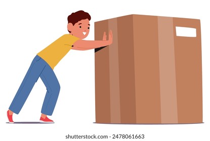 Smiling Child Boy Character In A Yellow Shirt And Blue Pants Pushing A Large Cardboard Box With Both Hands. Cartoon Image Conveys Determination, Effort, And Playful Activity. Vector Illustration