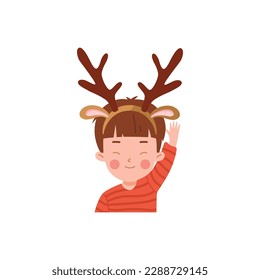 Smiling child boy with deer horns headband waving flat style, vector illustration isolated on white background. Design element, decorative costume accessory for holiday party