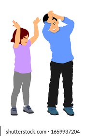 Smiling child, boy and girl applauding vector illustration isolated on white background. Hands in the air. Little kids give applause, support sport idol. Brother and sister give applause for animator