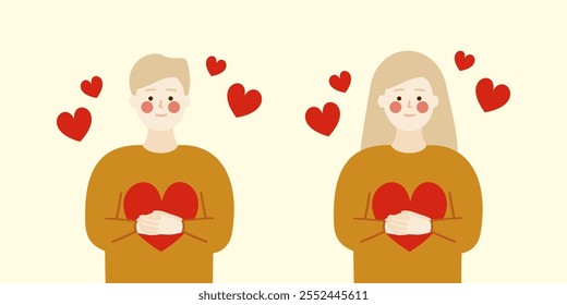 Niño y niña sonrientes abrazando el retrato rojo del corazón. Cuidado personal, felicidad, infancia, concepto de amor. Ilustraciones aisladas del diseño del Vector del carácter de la gente plana.