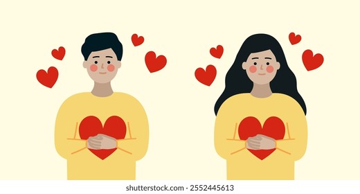 Niño y niña sonrientes abrazando el retrato rojo del corazón. Cuidado personal, felicidad, infancia, concepto de amor. Ilustraciones aisladas del diseño del Vector del carácter de la gente plana.