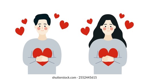 Niño y niña sonrientes abrazando el retrato rojo del corazón. Cuidado personal, felicidad, infancia, concepto de amor. Ilustraciones aisladas del diseño del Vector del carácter de la gente plana.