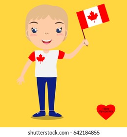 Niño sonriente, chico, sosteniendo una bandera de Canadá aislado en un fondo amarillo. Mascota de dibujos animados vectores. Ilustración de feriado al Día del país, Día de la Independencia, Día de la Bandera. 