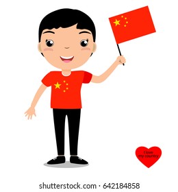 Smiling child, boy, holding a China flag isolated on white background. Vector cartoon mascot. Holiday illustration to the Day of the country, Independence Day, Flag Day. 