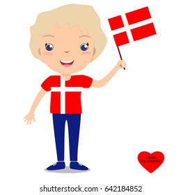 Smiling child, boy, holding a Denmark flag isolated on white background. Vector cartoon mascot. Holiday illustration to the Day of the country, Independence Day, Flag Day. 