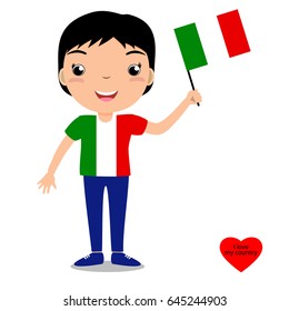Smiling child, boy, holding a Italy flag isolated on white background. Vector cartoon mascot. Holiday illustration to the Day of the country, Independence Day, Flag Day.  