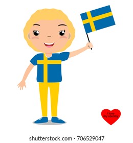 Smiling child, boy, holding a Sweden flag isolated on white background. Vector cartoon mascot. Holiday illustration to the Day of the country, Independence Day, Flag Day. 