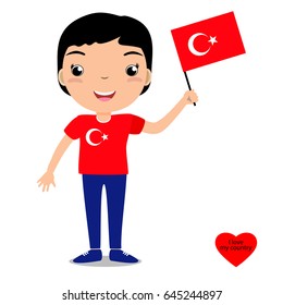 Lächelndes Kind, Junge, mit einer türkischen Flagge einzeln auf weißem Hintergrund. Vektorkartoon-Maskottchen. Feiertagsillustration für den Tag des Landes, Unabhängigkeitstag, Flaggentag.  