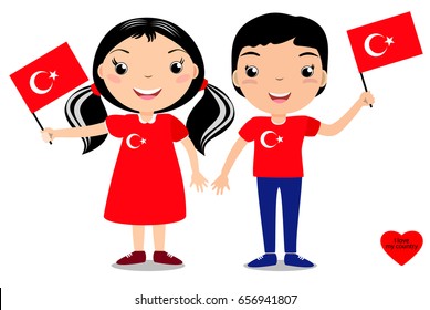 Smiling child, boy, holding a Turkey flag isolated on white background. Vector cartoon mascot. Holiday illustration to the Day of the country, Independence Day, Flag Day. 