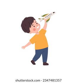 Smiling child boy playing with plane flat style, vector illustration isolated on white background. Decorative design element, happy character with favourite toy, fun and joy