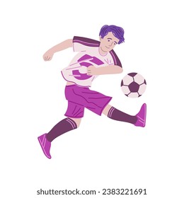 Smiling child boy playing soccer flat style, vector illustration isolated on white background. Decorative design element, purple shades. Sport and hobby, children's activity
