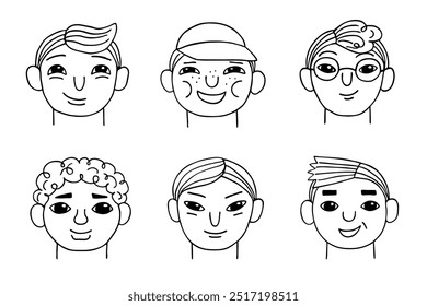 Smiling child boys faces set, black line doodle sketch isolated on white. Funny little boys heads of different types. Vector clipart for children's illustration, drawing cartoon or caricature avatar.