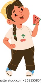 A smiling child with a braid holds a watermelon slice in a playful cartoon style. The girl wears a cherry shirt and dark pants, exuding joy and innocence. Cartoon vector illustration.