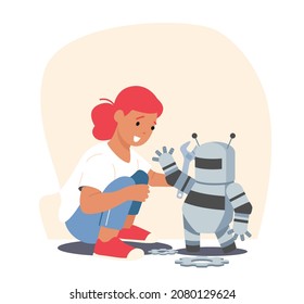Smiling Child Characters Programming Smart Robot. Cute Girl Playing with Constructor, Engineering Robotics Technology Hobby or Workshop, Kid Playing with Ai Toy. Cartoon People Vector Illustration