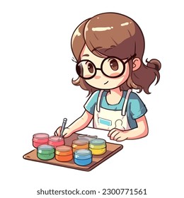 Smiling child chef painting with creativity icon isolated