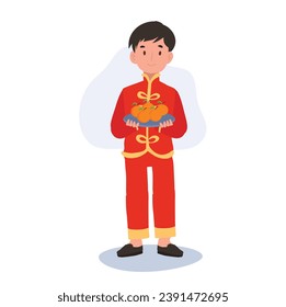 Smiling Child in Chinese Traditional Costume with tray of oranges.