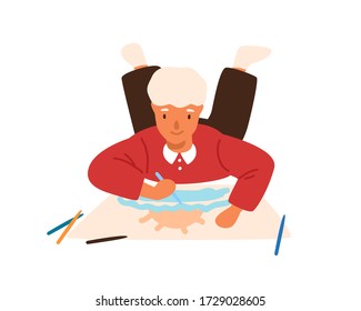 Smiling child drawing picture lying on floor vector flat illustration. Focused male kid painting picture on paper use colorful pencil isolated on white background. Boy enjoying creative hobby
