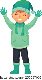 Smiling child dressed in a cozy winter hat, warm scarf, stylish jacket, gloves, and boots, enthusiastically waving and greeting, fully embracing the joy of the cold season