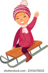 Smiling child dressed in cozy winter clothes, joyfully waving while sledding down a snowy hill, fully embracing the excitement and fun of winter holidays in the great outdoors