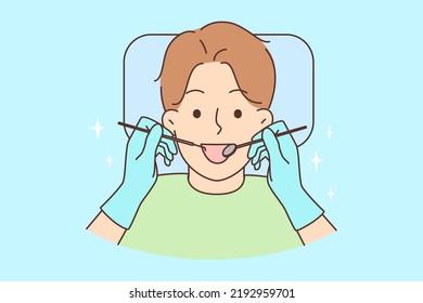 Smiling child get dentist treatment in hospital. Happy kid receive oral hygiene in clinic. Healthcare and medicine. Vector illustration. 