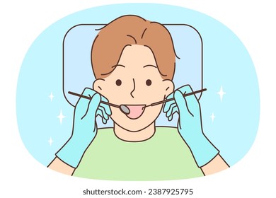 Smiling child get dentist treatment in hospital. Happy kid receive oral hygiene in clinic. Healthcare and medicine. Vector illustration.