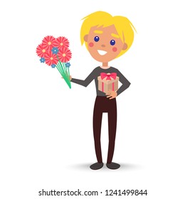 Smiling child with gift box and bouquet of flowers vector illustration. Blond boy with presents for women's day isolated on white