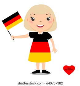 Smiling child, girl, holding a Germany flag isolated on white background. Vector cartoon mascot. Holiday illustration to the Day of the country, Independence Day, Flag Day. 