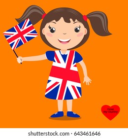 Smiling child, girl, holding a Great Britain flag isolated on orange background. Vector cartoon mascot. Holiday illustration to the Day of the country, Independence Day, Flag Day. 