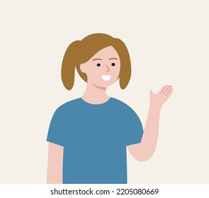 Smiling Child Girl introducing and explaining hand gesture. School Presentation, information guidance, Education concept. Flat cartoon character vector design isolated illustration  