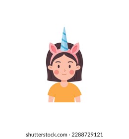 Smiling child girl with pink headband with blue horn flat style, vector illustration isolated on white background. Funny decorative accessory for party, event or celebration, design element