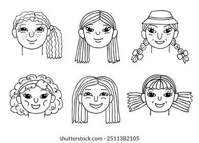 Meninas sorridentes rostos definidos, linha preta rabiscar esboço isolado no branco. Meninas engraçadas cabeças de diferentes tipos. Clipart de vetor para ilustração infantil, desenho de desenho de desenhos animados ou avatar de caricatura