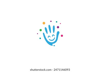 smiling child hand logo with decorated colorful bubbles in flat vector design style