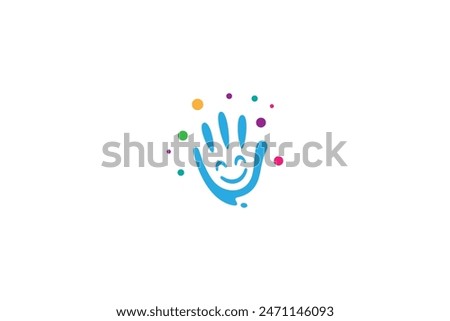 smiling child hand logo with decorated colorful bubbles in flat vector design style