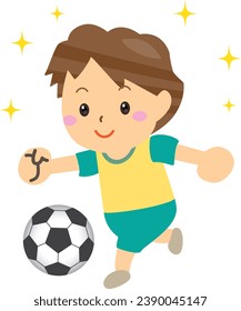 Smiling child happily dribbling soccer