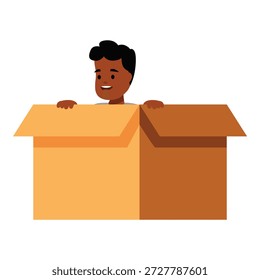 Criança sorridente se divertindo jogando dentro de duas caixas de papelão, perfeito para conceitos relacionados com a infância, jogos, imaginação e movimento