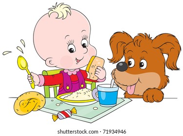 smiling child with his pup at breakfast