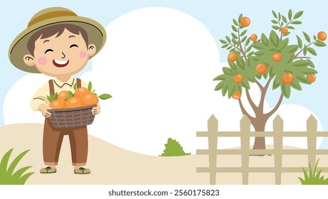 Smiling child holding a basket full of oranges next to an orange tree.