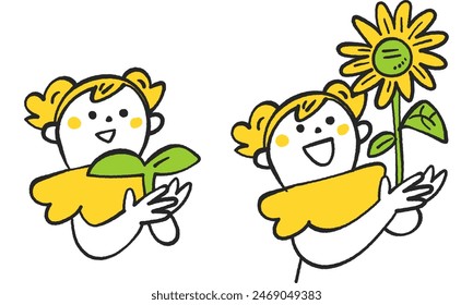 Smiling Child Holding Buds and Sunflowers Stock Illustration Set
