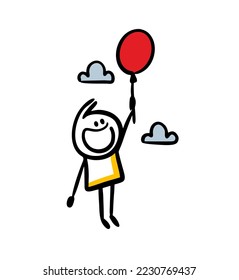 Smiling child holding the red baloon and flies into the sky between clowds. Vector illustration of children funny game.