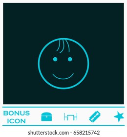 Smiling child icon flat. Blue pictogram on dark background. Vector illustration symbol and bonus icons